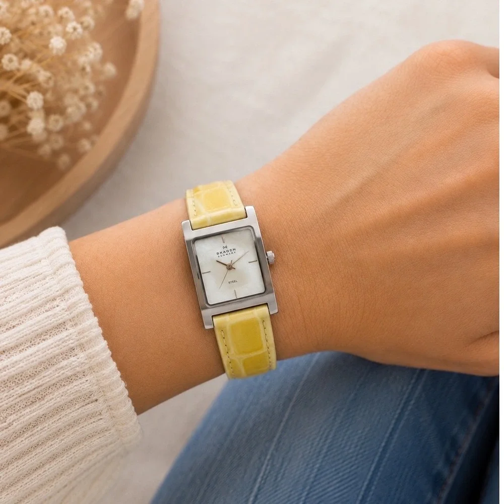 Skagen Denmark Tank Watch Womens Silver Mother of Pearl Yellow Croc Leather